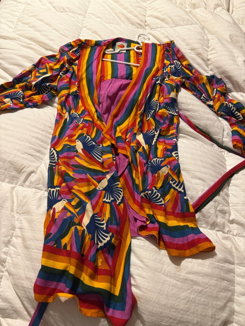 Farm Rio Tropical Rainbow Mini Vibrant Striped Wrap Dress with Bird Print M